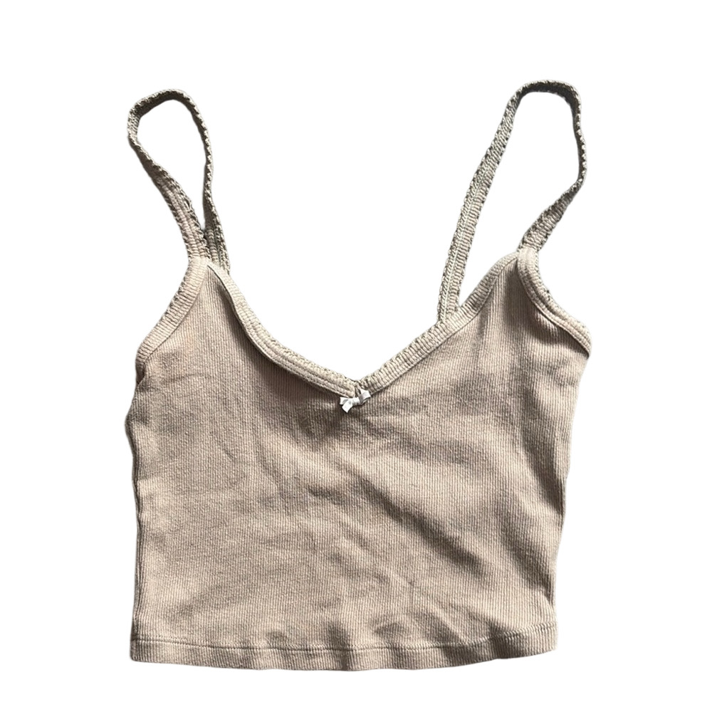 Tan Fitted Crop Top with V-Neck and Camisole Sleeves